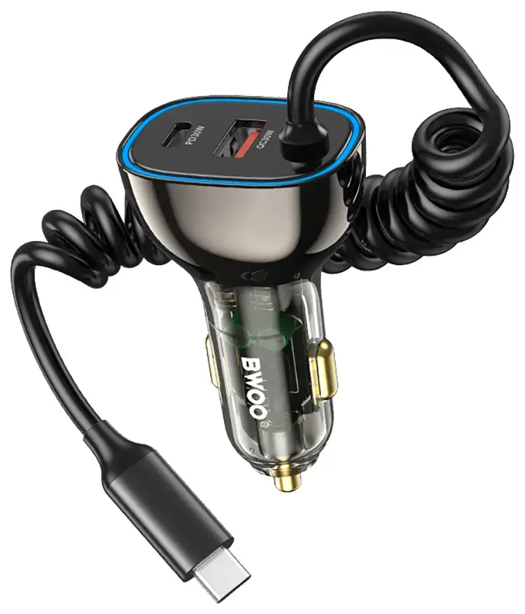 BWOO CC96C automobilinis įkroviklis | 30W | PD | USB-C, USB-A | su USB-C laidu komplekte | pilkas