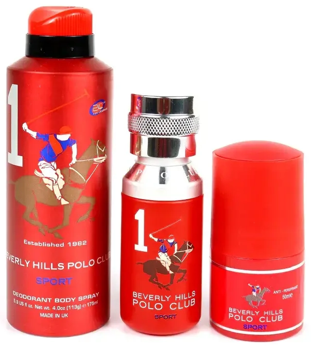 Beverly Hills Polo Club dovanų rinkinys: 1982 - Sport 1, tualetinis vanduo, vyrams, 50 ml + 1982 - Sport 1, antiperspirantas, purškiamas dezodorantas, vyrams, 175 ml + 1982 - Sport 1, antiperspirantas, rutulinis dezodorantas, vyrams, 50 ml
