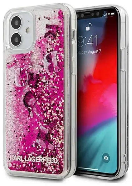 Karl Lagerfeld KLHCP12SROPI Liquid Glitter Charms Cover Silikona Aizsargapvalks Apple iPhone 12 Mini Rozā