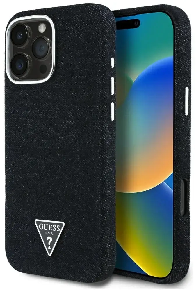 Guess Denim Triangle Logo telefona maciņš priekš iPhone 16 Pro Max melns ar MagSafe atbalstu