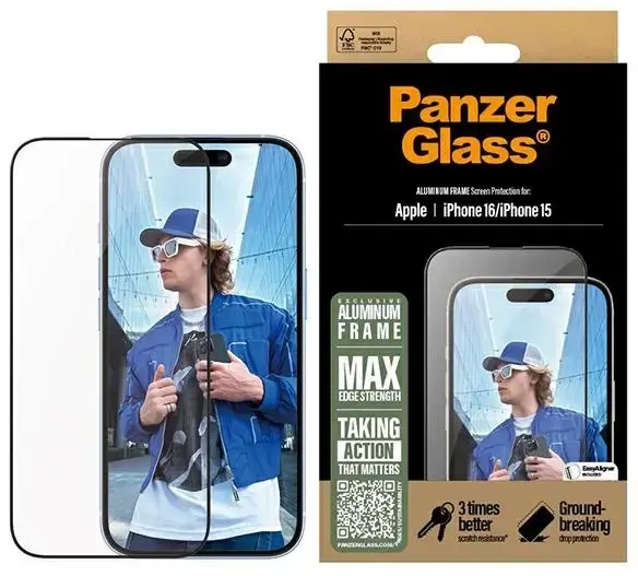 PanzerGlass Screen Protector Aluminum Frame iPhone 16 6.1" Ultra-Wide Fit 2849