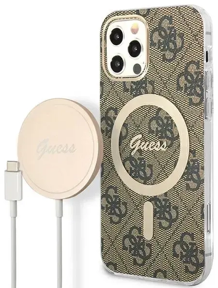 Zestaw Guess GUBPP12MH4EACSW Case+ Charger iPhone 12|12 Pro brązowy|brown hard case 4G Print MagSafe