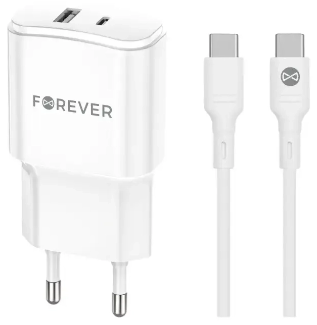 Forever TC-01-20AC зарядное устройство | 20W | PD, QC | USB-C, USB-A | с проводом USB-C на USB-C в комплекте | белое