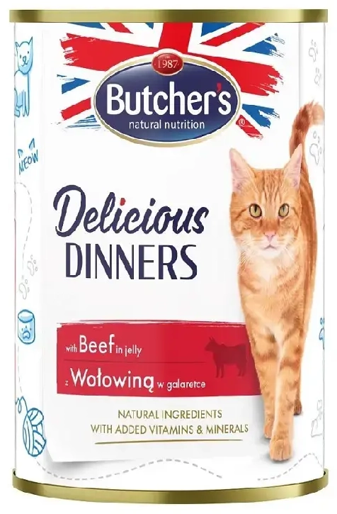 Konservēta barība kaķiem - Butchers CAT Delicious Dinners with beef chunks in Jelly 400g