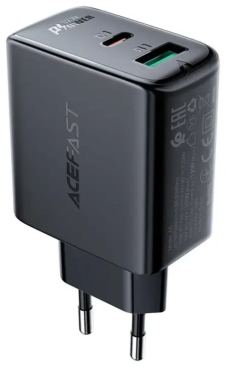 Acefast charger tīkla lādētājs | 32W | PPS, PD, QC 3.0 | USB-A, USB-C | melns