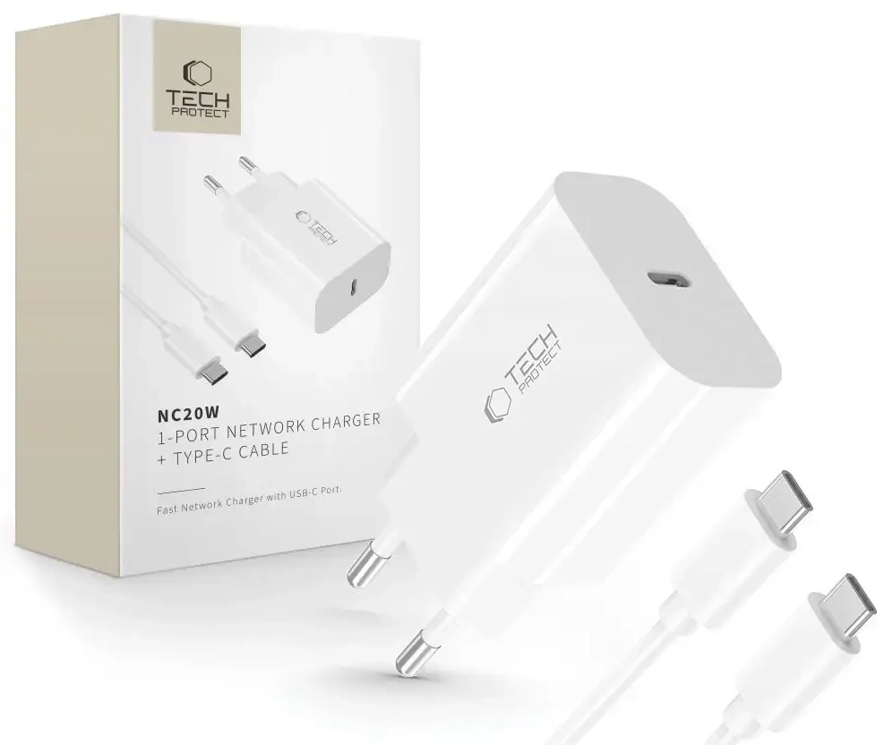 Tech-Protect NC20W tīkla lādētājs | 20W | PD | USB-C | ar USB-C vadu | balts