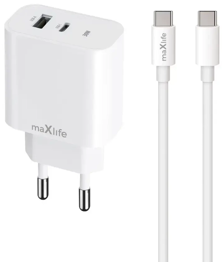 Maxlife MXTC-06-30AC зарядное устройство | 30W | PD, QC | USB-C, USB-A | с проводом USB-C на USB-C в комплекте | белое