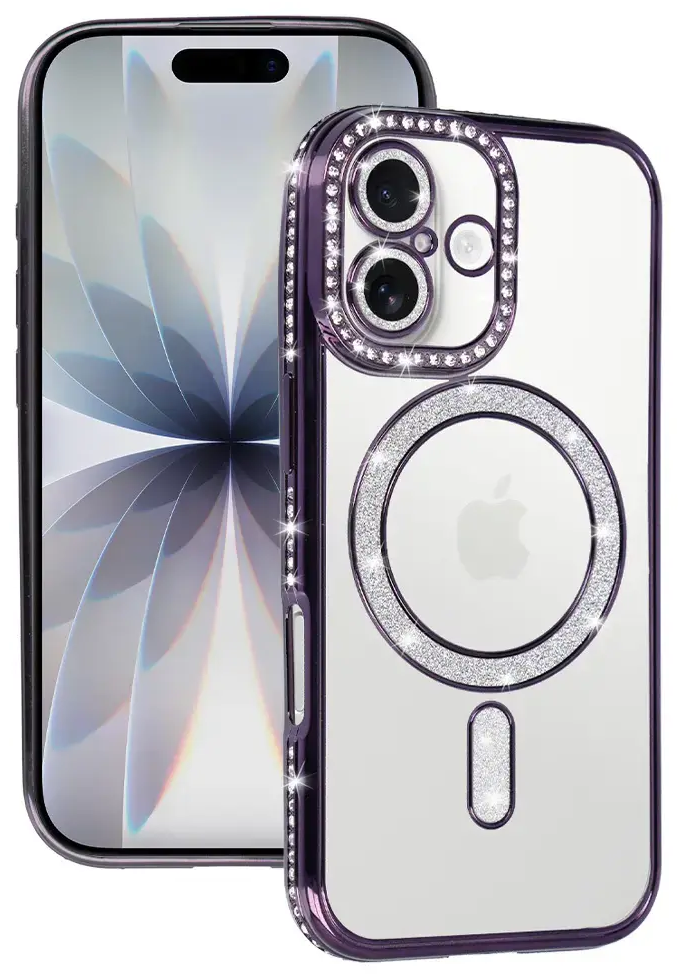 Bling telefono dėklas su MagSafe palaikymu iPhone 17 violetinis
