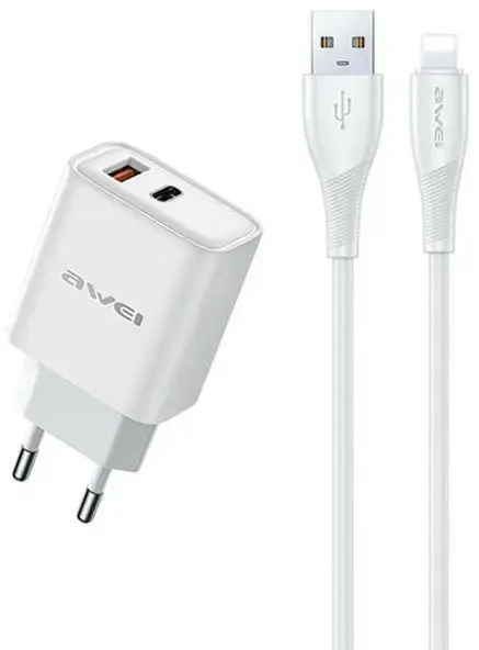 AWEI PD81L-EU tīkla lādētājs | 22.5W | GaN | USB-A, Lightning | Lightning vads komplektā | balts