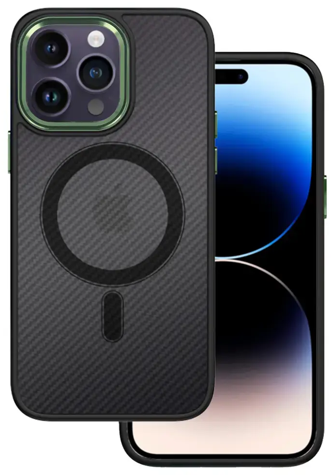Tel Protect Magnetic Carbon чехол с поддержкой MagSafe для телефона iPhone 15 Plus чёрный зелёный