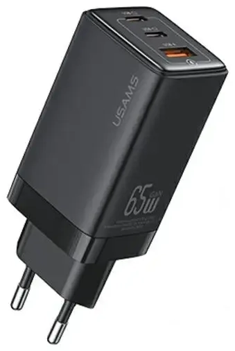 USAMS Sandru Series CC180 tīkla lādētājs | 65W | GaN, PD3.0, QC3.0 | USB-C, USB-A | melns